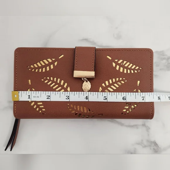 Spring & Summer Pu Leather Brown Leaf Cutout Women's Wallet - Picture 14 of 15